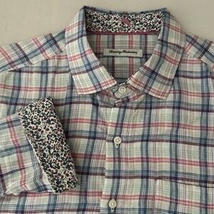 Tommy Bahama Button DOwn Shirt Mens M Blue Pink Plaid 100% Linen Floral Cuffs